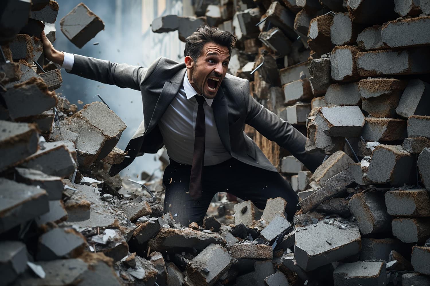 Man in suit breaking a brick wall